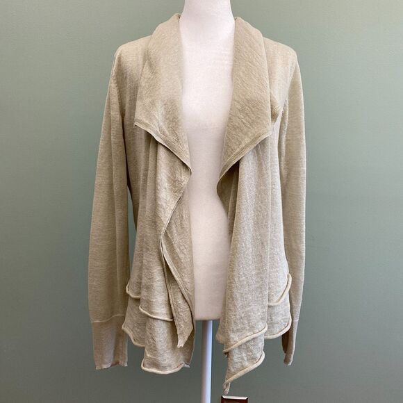 Elie Tahari Linen Silk Open Front Cardigan Tiered Waterfall Tan Womens Medium - Picture 1 of 11